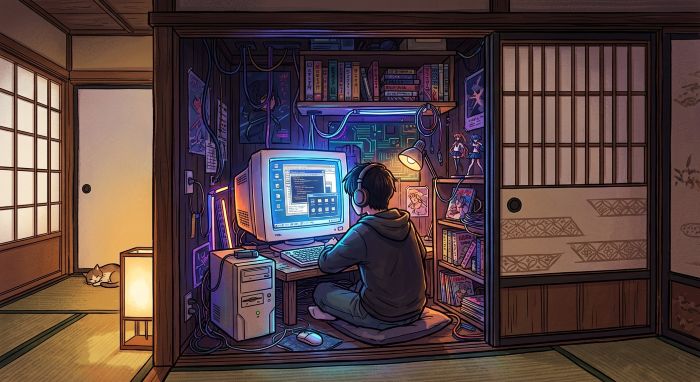 AIが考える「押入れの中のコンピュータールーム」のイラスト