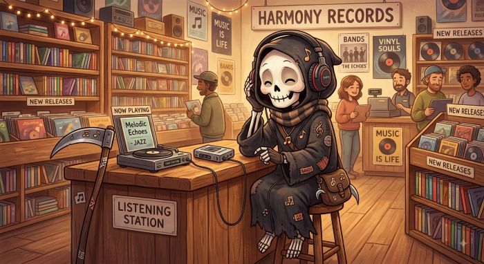 AIが考える「音楽をこよなく愛する死神」のイラスト